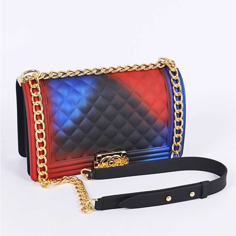 Large Multicolored Gradient Jelly Quilted Bag with Gold Chain Strap